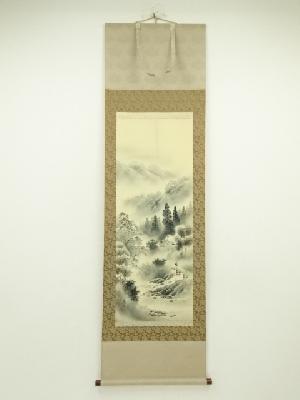 西脇焦山筆　水墨山水　肉筆絹本掛軸（共箱）